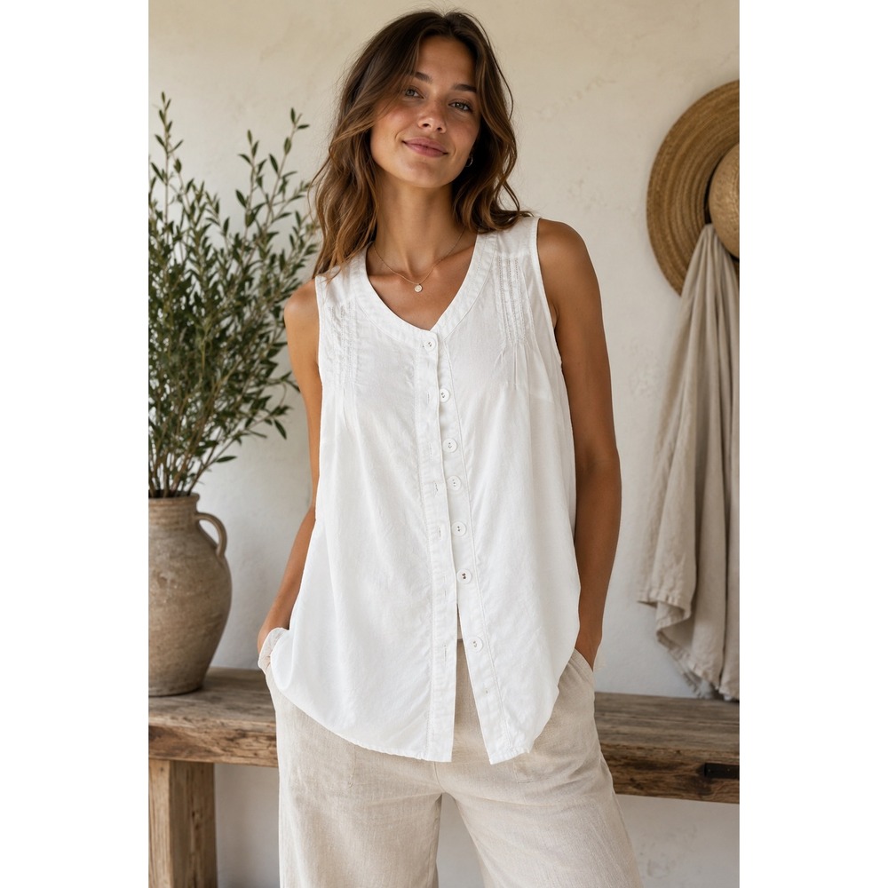 Saint Tropez West White Linen Cotton Sleeveless Pintuck Button Down Top M